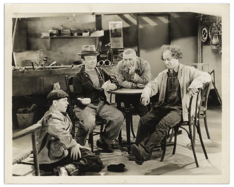 Moe Howard Personally Owned 10'' x 8'' Glossy Photo of Moe, Larry, Curly & Ted Healy From the 1933 Film ''Myrt & Marge'' -- Very Good Condition